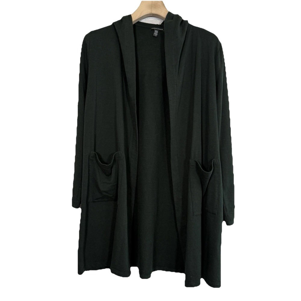 Eileen Fisher Sweater Women XS Green Long Hooded Open Front Cardigan Duster Soft